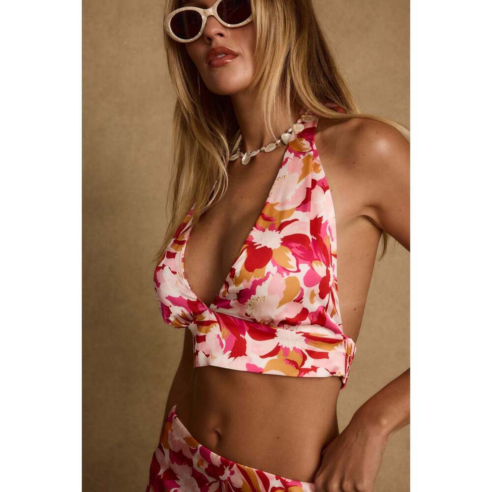 12th Tribe Joelle Pink Floral Halter Crop Top set available